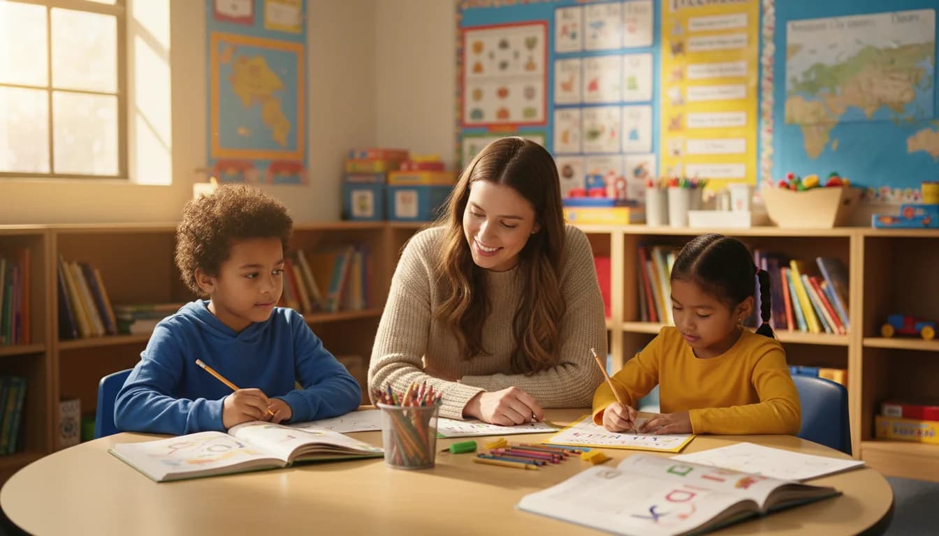 Colorful classroom with free printable worksheets for kids