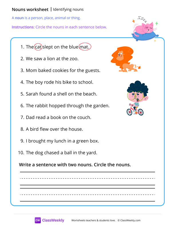 Identifying nouns - Cat worksheet preview