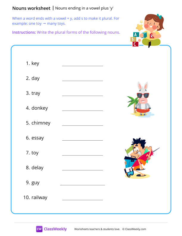 Nouns ending in a vowel plus 'y' - Toys worksheet preview