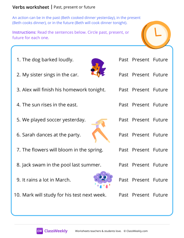 Past, present or future - Clock worksheet preview