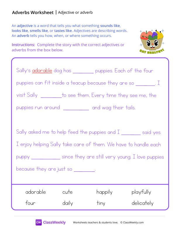 Adjective or Adverb - Fruit Basket worksheet preview