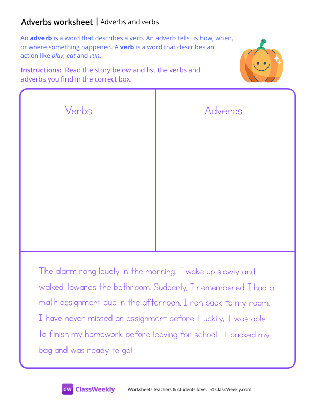 Adverbs and Verbs - Pumpkin worksheet preview