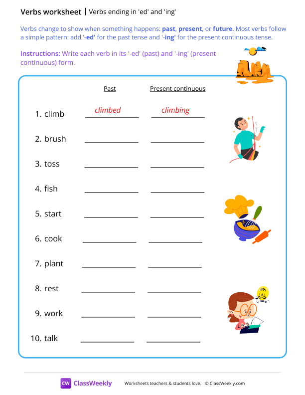 Verbs ending in 'ed' and 'ing' - Canyon worksheet preview