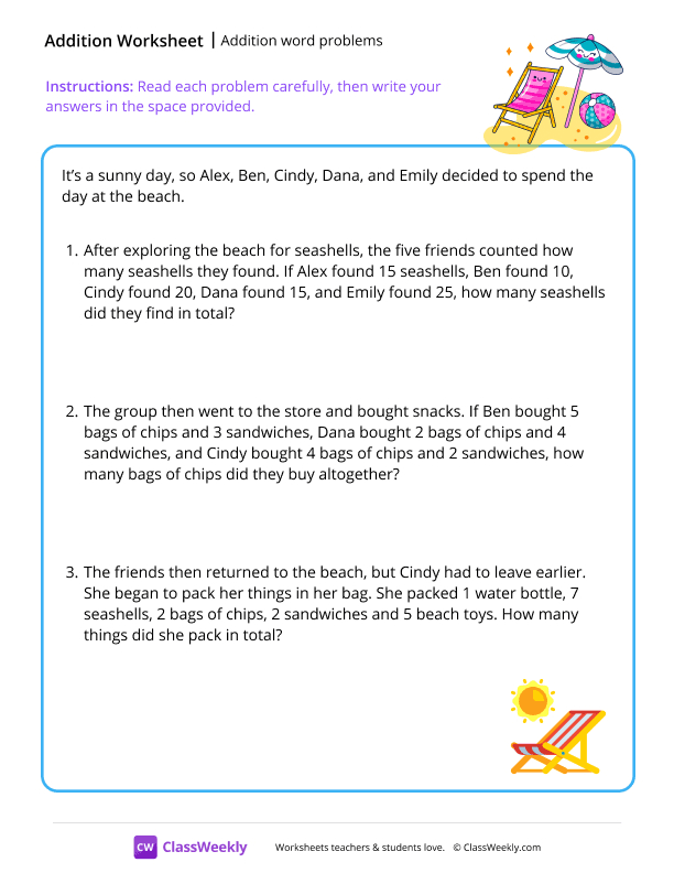 Addition word problems - Beach worksheet preview