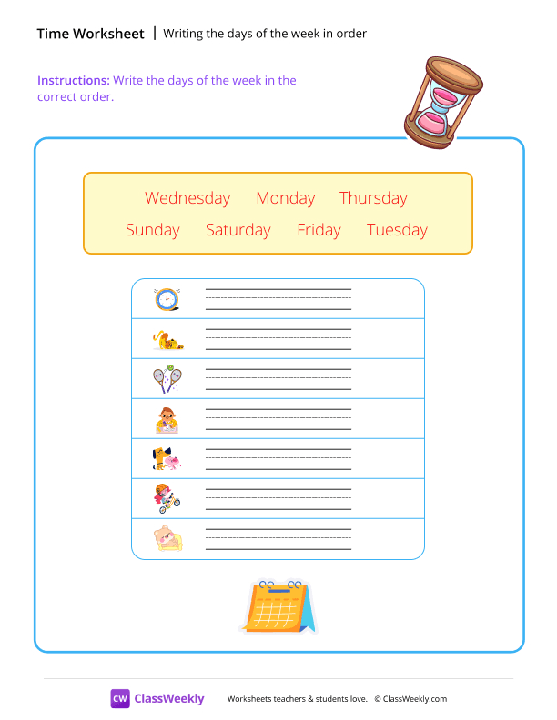 Writing the days of the week in order - Clock worksheet preview