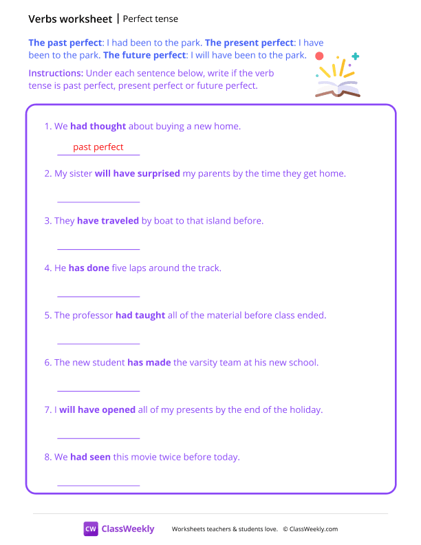 Perfect Tenses - Book Magic worksheet preview
