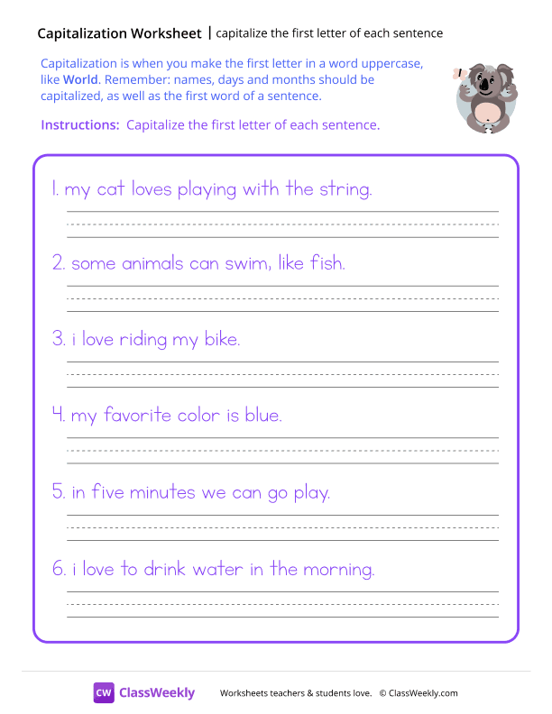 Capitalize The First Letter of Each Sentence - Koala worksheet preview
