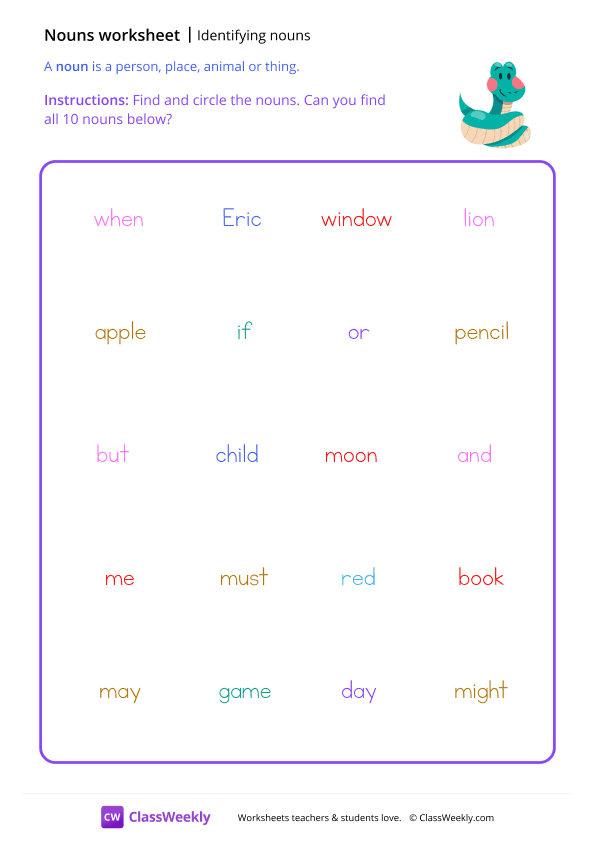 Identifying Nouns - Snake worksheet preview
