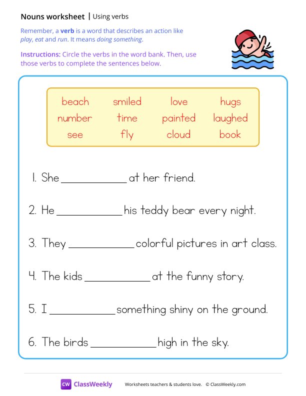 Using verbs - Swim worksheet preview