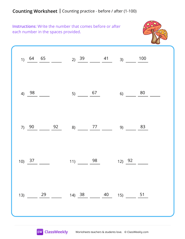 What comes before or after (1-100) - Mushroom worksheet preview