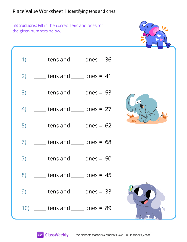 Identifying Tens and Ones - Elephant worksheet preview