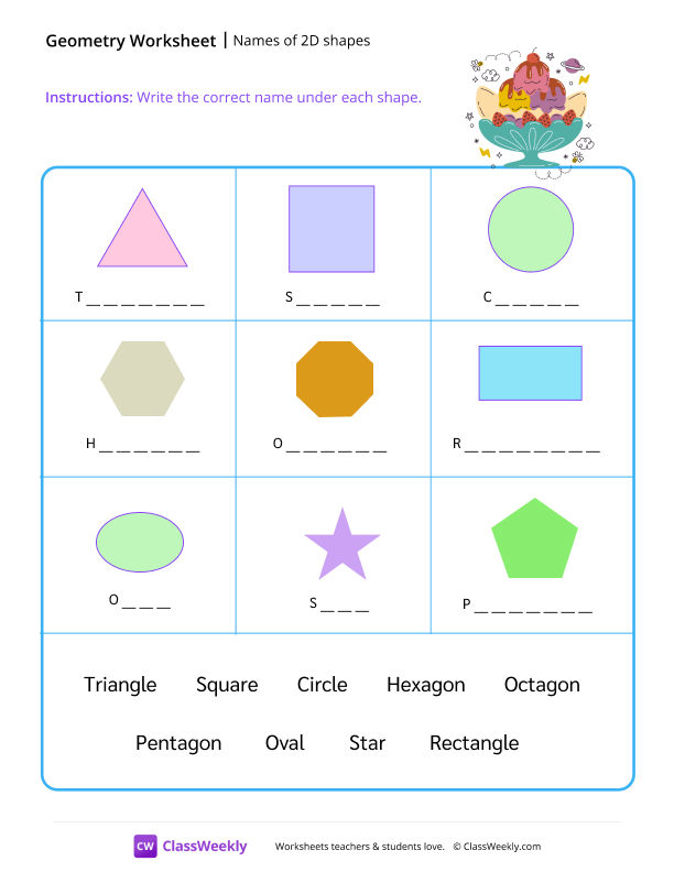 Names of 2D shapes - Sundae worksheet preview