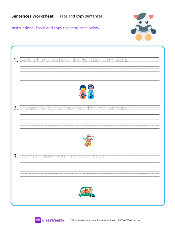 Trace and copy sentences - Cow worksheet preview
