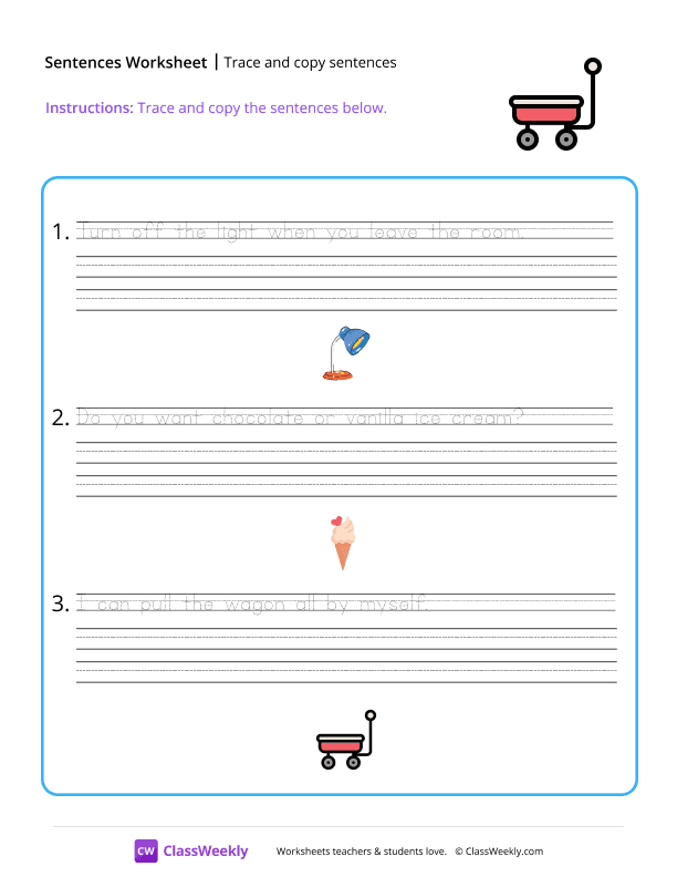 Trace and copy sentences - Wagon worksheet preview