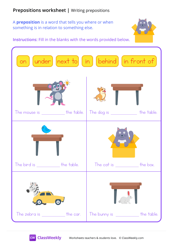 Writing Prepositions - Cat in the Box worksheet preview