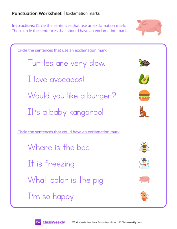 Exclamation Marks - Piggie worksheet preview