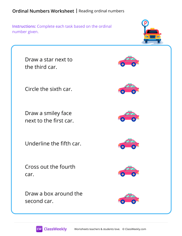 Reading ordinal numbers - Car worksheet preview