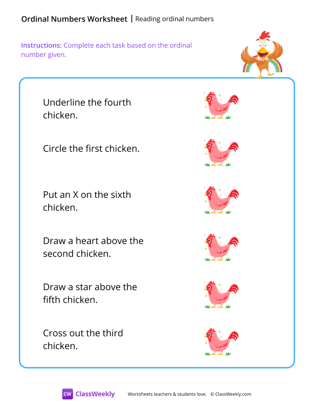 Reading ordinal numbers - Chicken worksheet preview