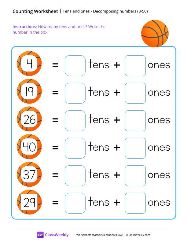 Decomposing numbers (0-50) - Basketball worksheet preview
