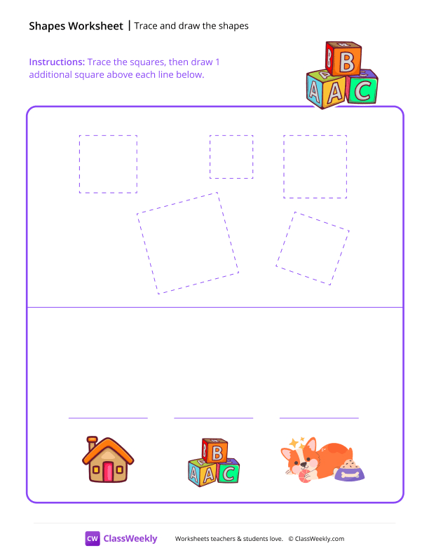 Trace and draw the shapes - Squares worksheet preview