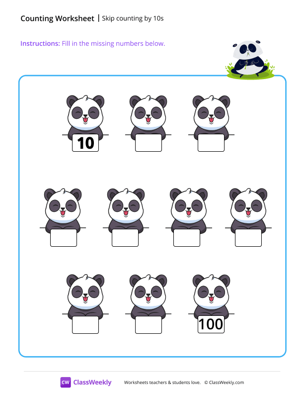 Skip counting by 10s - Panda worksheet preview