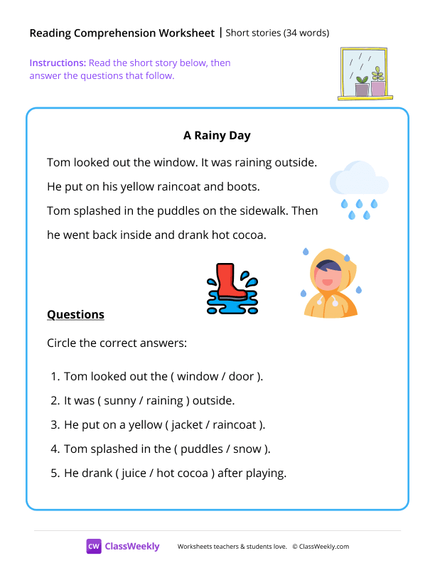 Short stories (34 words) - A Rainy Day worksheet preview
