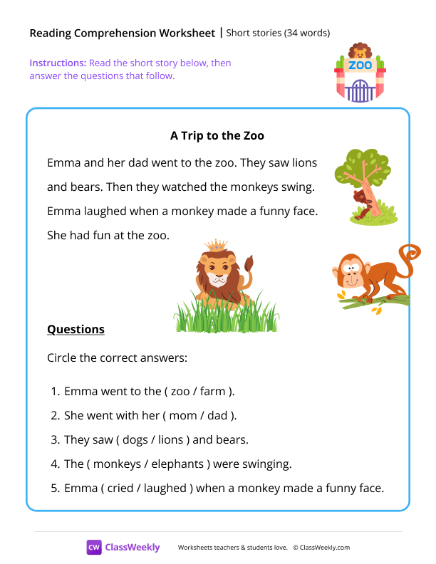 Short stories (34 words) - A Trip To The Zoo worksheet preview