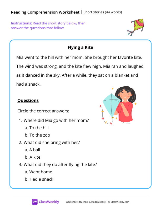 Short stories (44 words) - Flying a Kite worksheet preview