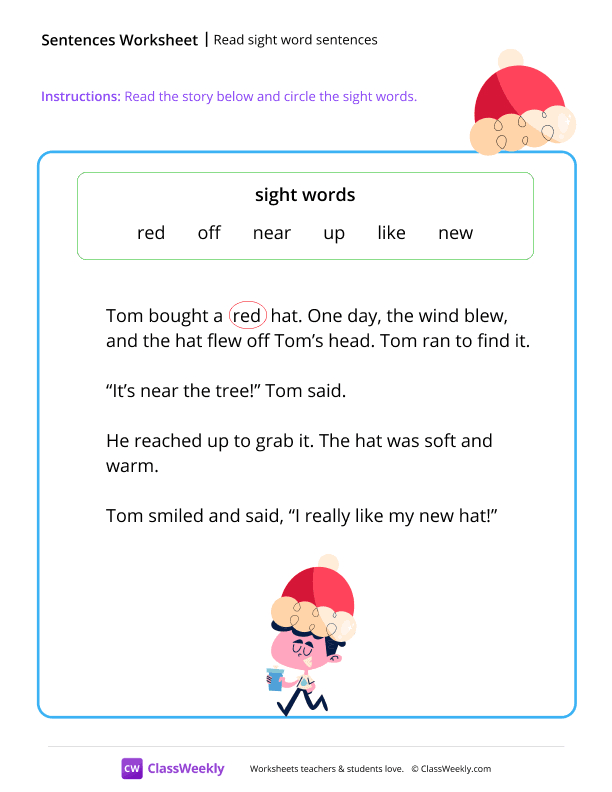 Read sight word sentences - Hat worksheet preview