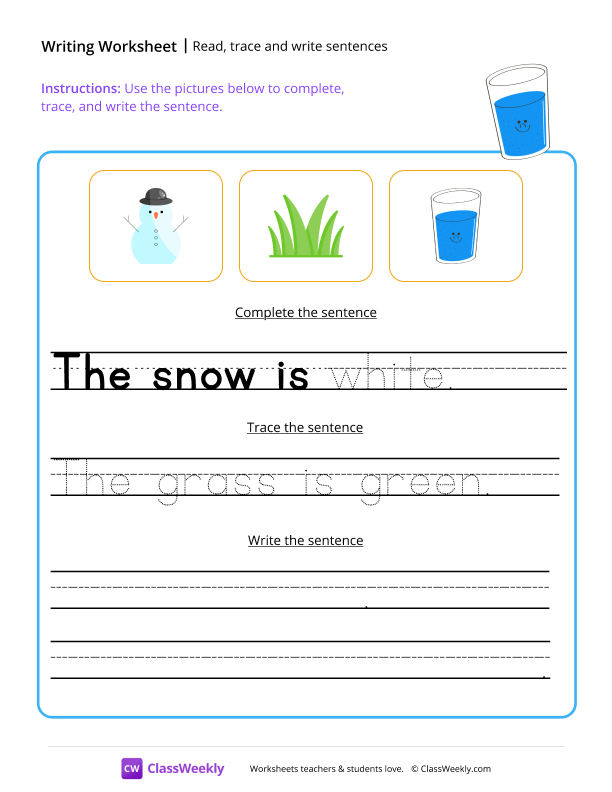 Read, trace and write sentences - water worksheet preview