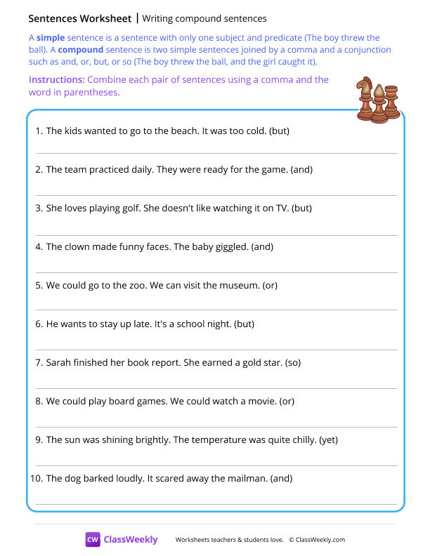 Writing compound sentences - Chess pieces worksheet preview