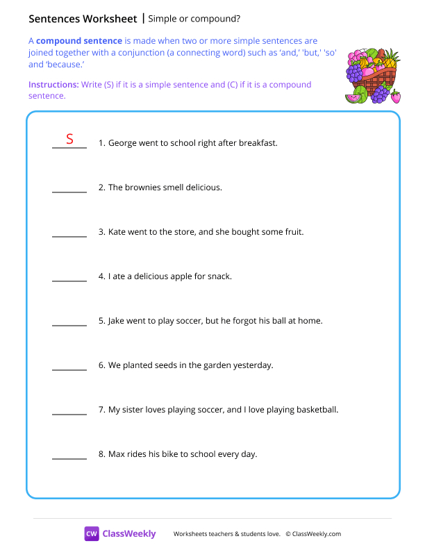 Simple or compound sentences - Fruit worksheet preview