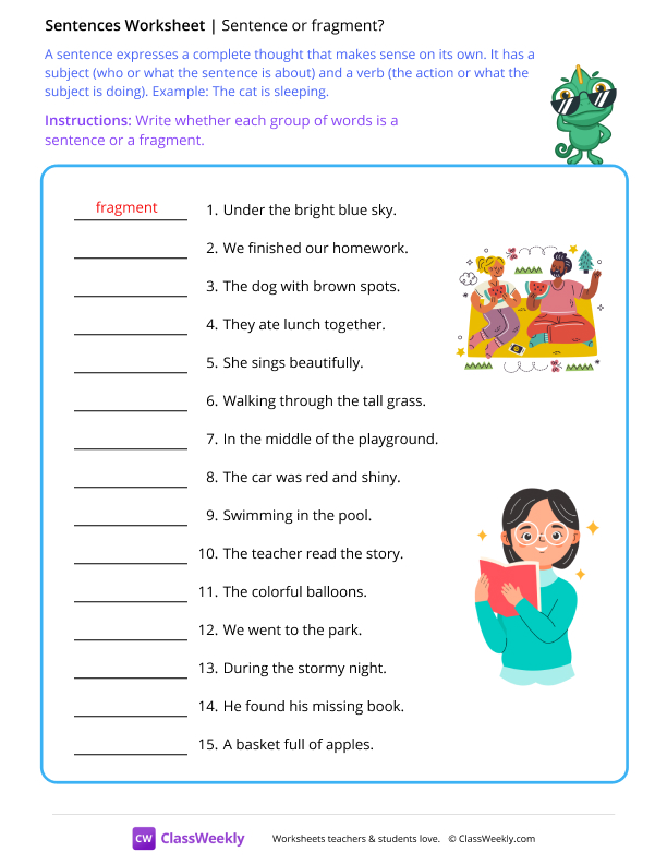 Sentence or fragment - Gecko worksheet preview