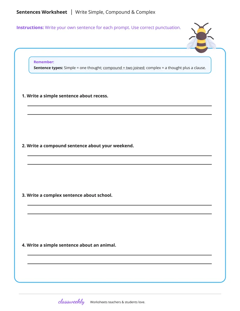 Write simple, compound and complex sentences