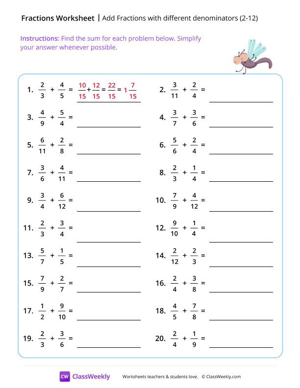 Add Fractions with different denominators (2-12) - Dragonfly