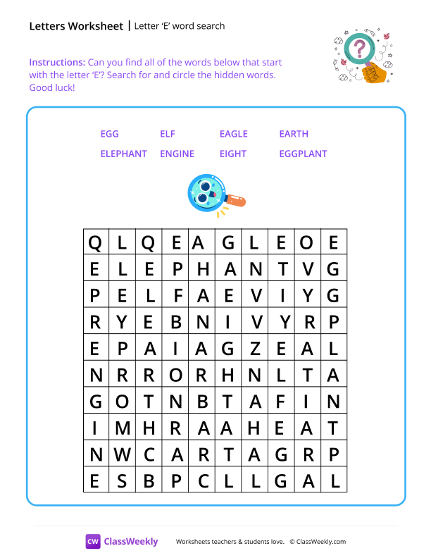 Letter E word search