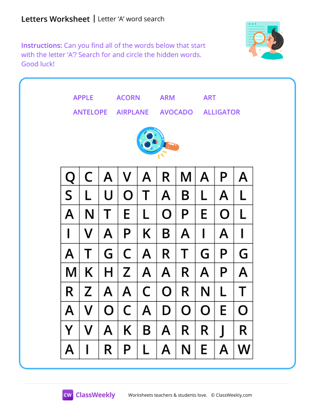 Letter A word search