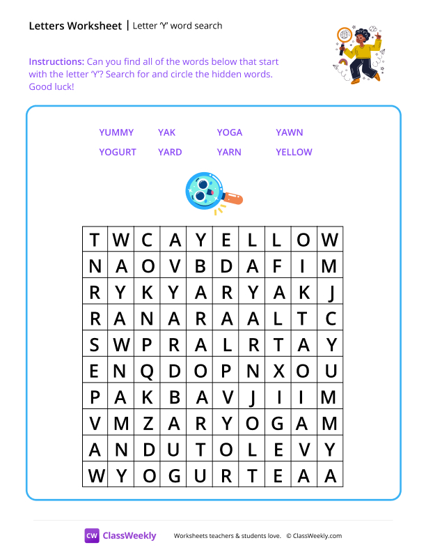 Letter Y word search - Happy Camper