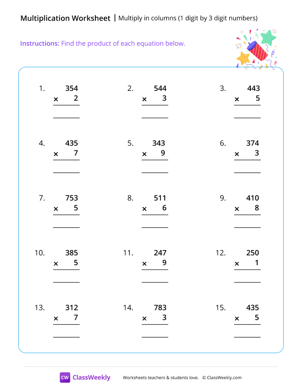 Multiply 1 digit by 3 digits