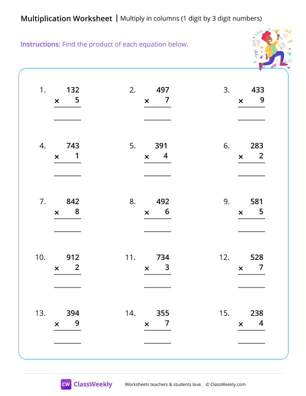 Multiply 1 by 3 digit numbers