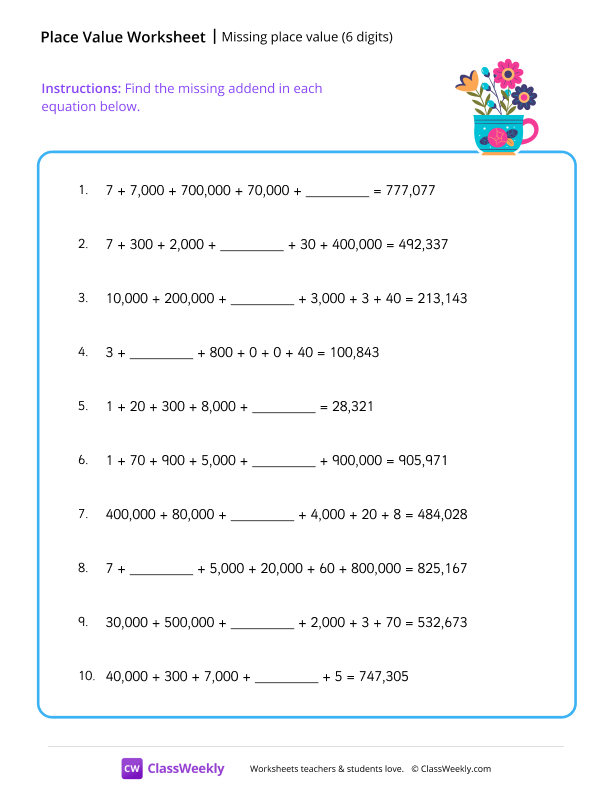 Missing place value (6 digits)