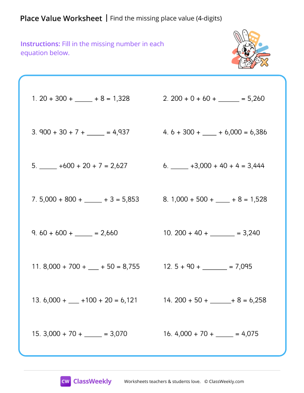 Find the missing place value (4-digits)
