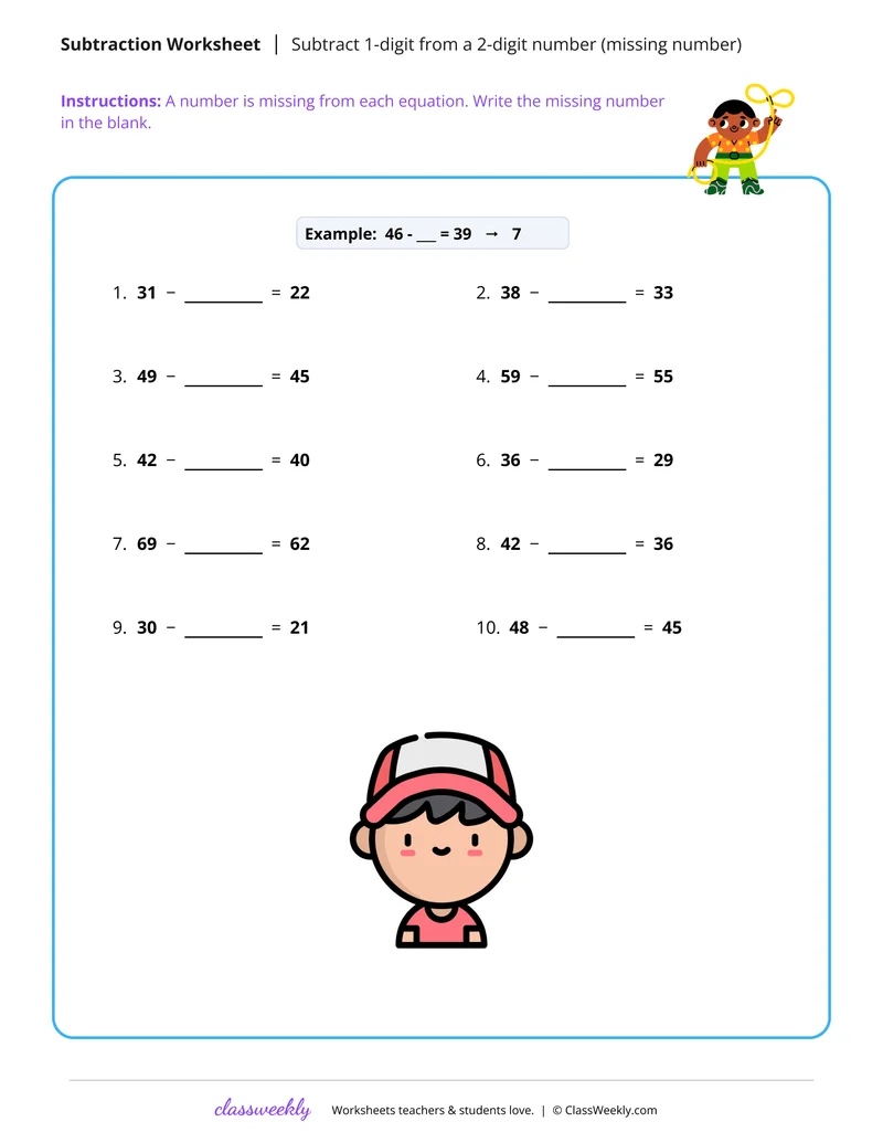 Subtract 1-digit from a 2-digit number (missing number)