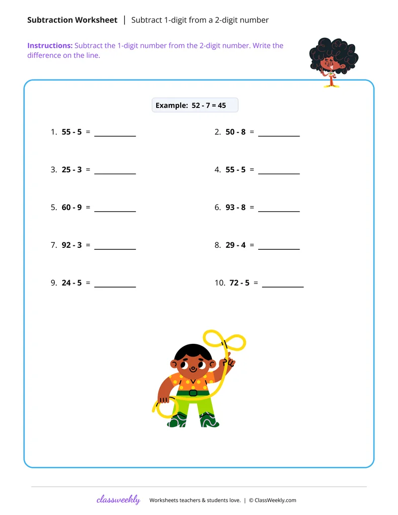 Subtract 1-digit from a 2-digit number