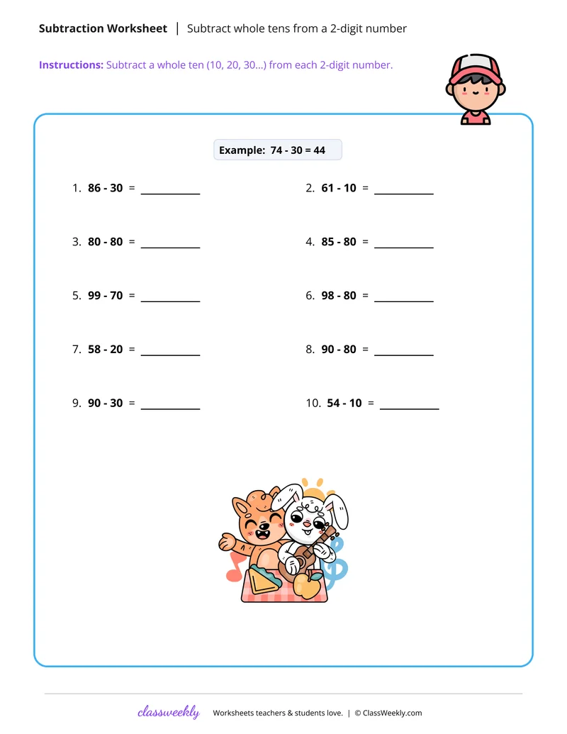 Subtract whole tens from a 2-digit number