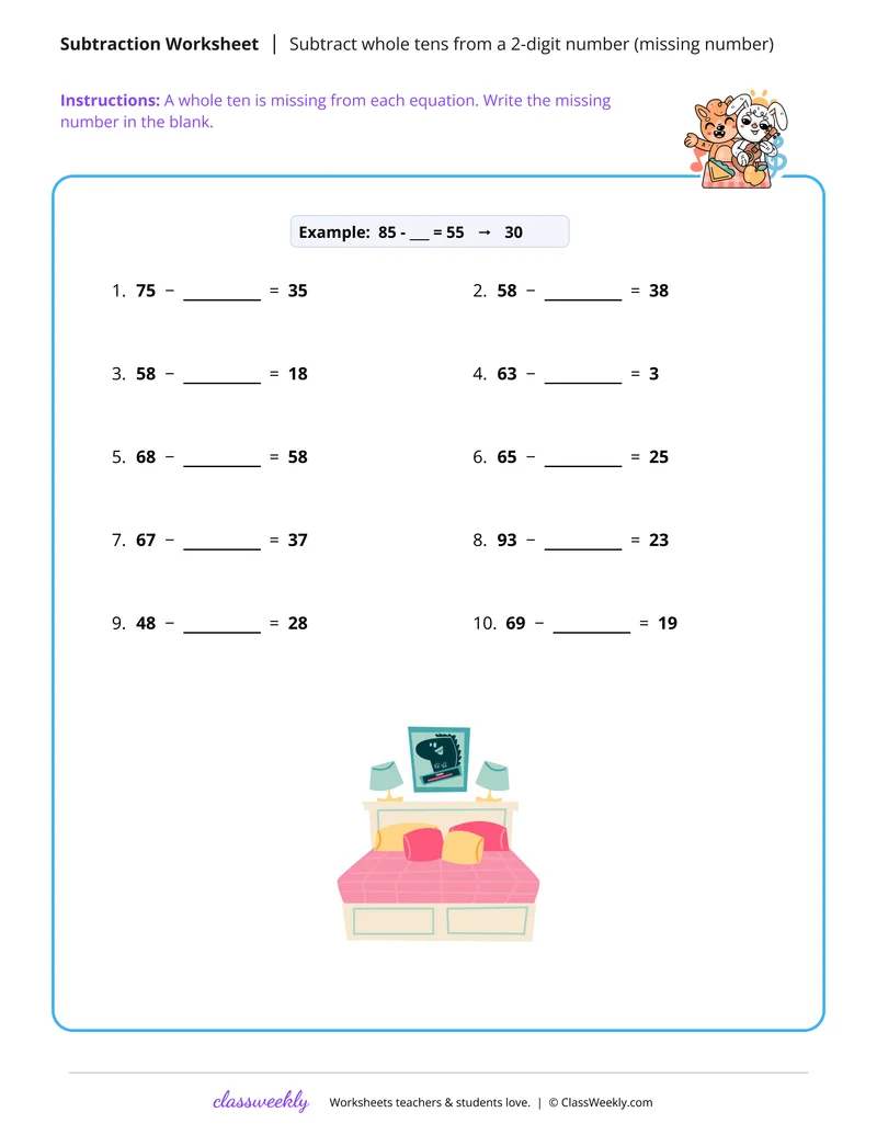 Subtract whole tens from a 2-digit number (missing number)