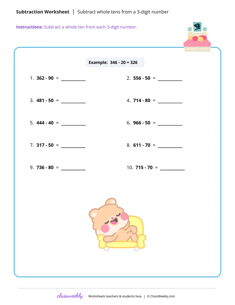 Subtract whole tens from a 3-digit number