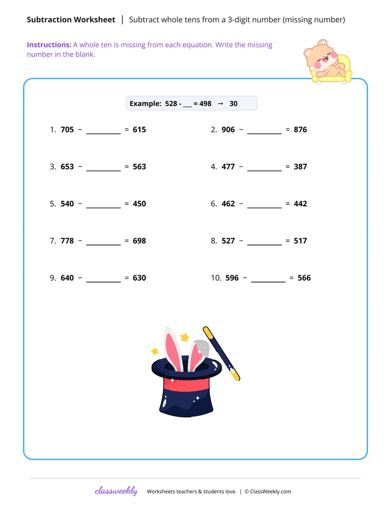 Subtract whole tens from a 3-digit number (missing number)