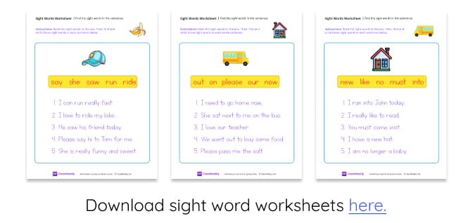 Free sight word worksheets