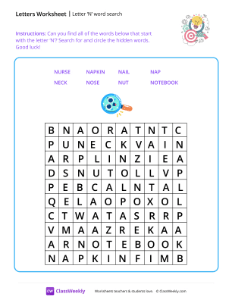 Letter N word search - Bullseye | Worksheet | ClassWeekly.com